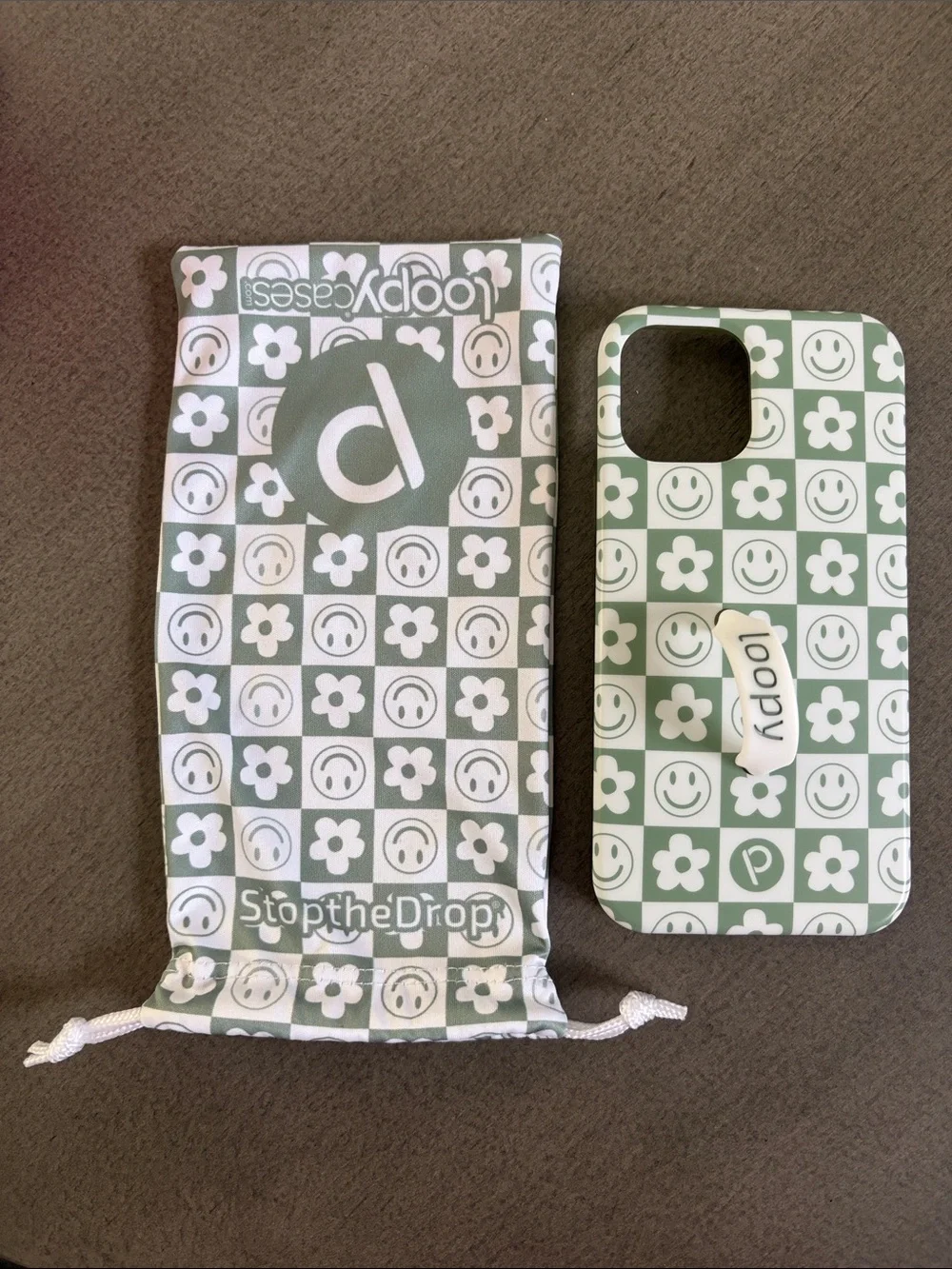 Loopy Case Green Check Smiley & Flower iPhone Case with Loopy Grip